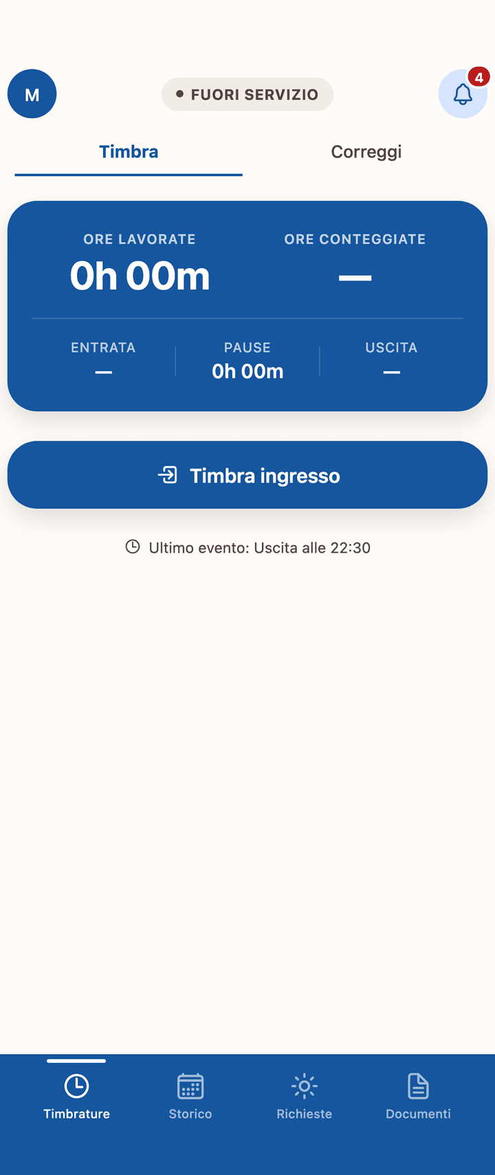 Schermata principale dell'app sonoQui con lo stato della giornata